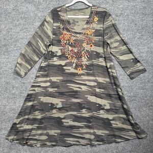 Karyn Seo Womens Sz Medium Embroidered Camo Dress Olive Green V Neck 3/4 Sleeves